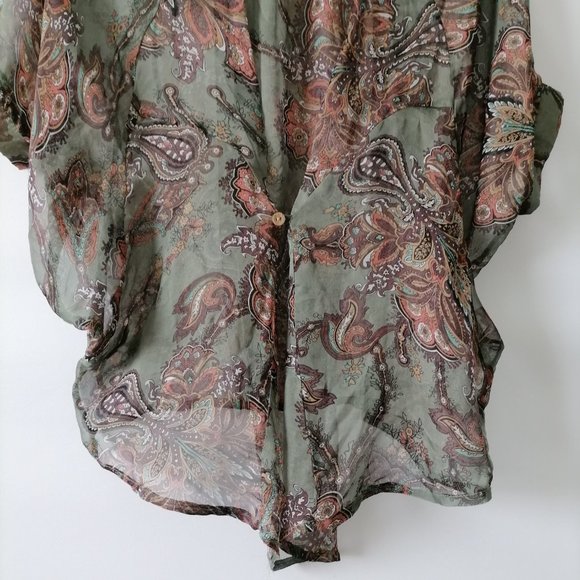 Blue Bird Women's See Through Floral Green Brown Top Size Small S Batwing Sleeve - Picture 5 of 8